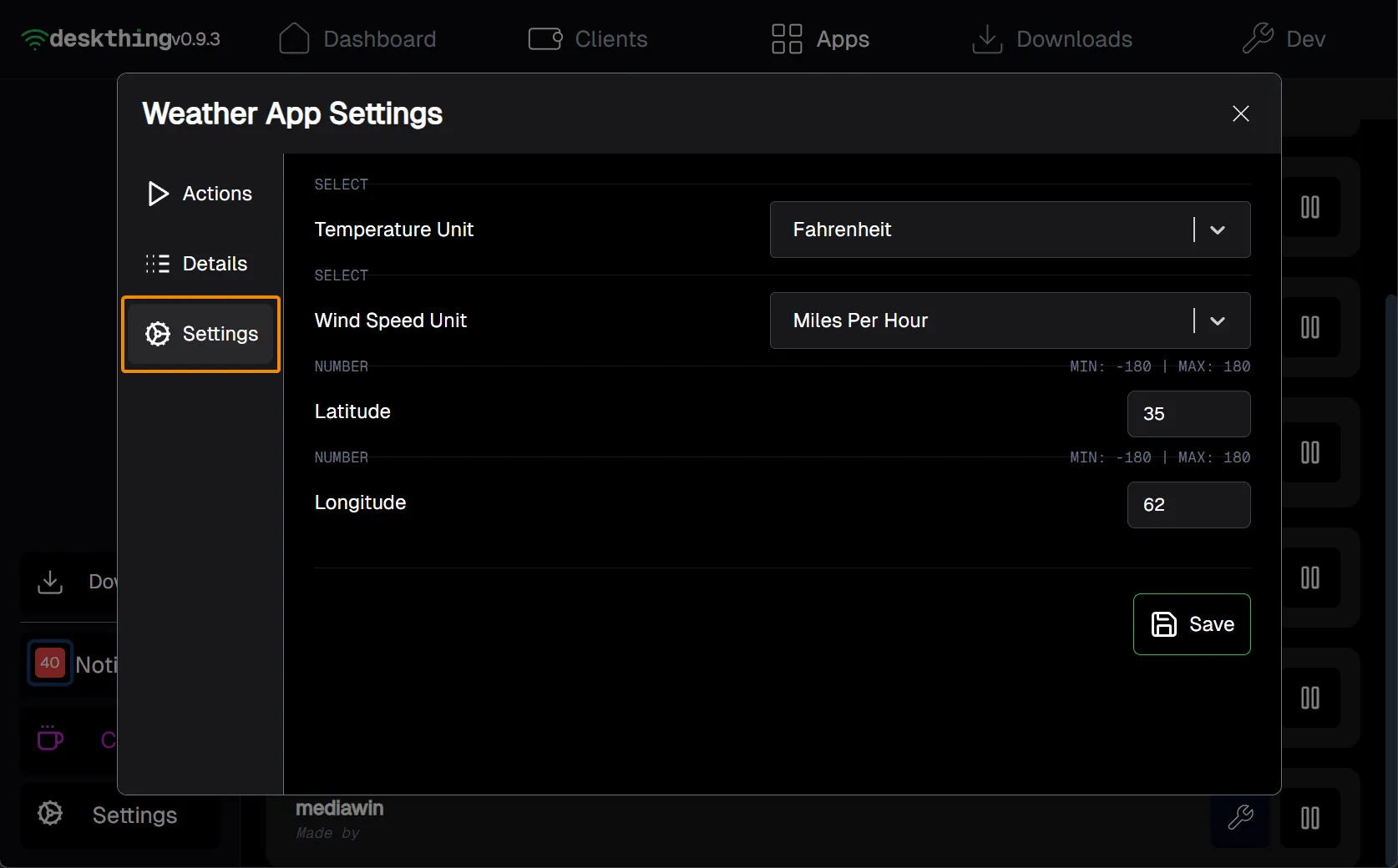 Shows an example of an apps settings options