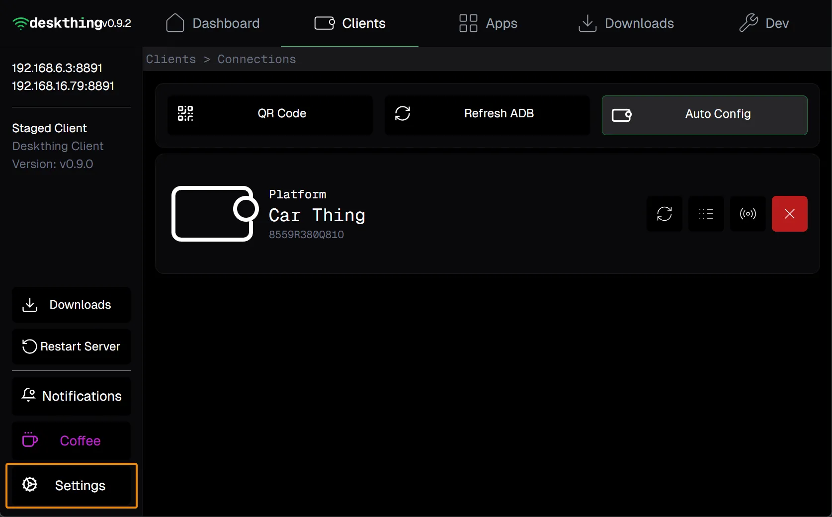 An example of navigating to the DeskThing settings